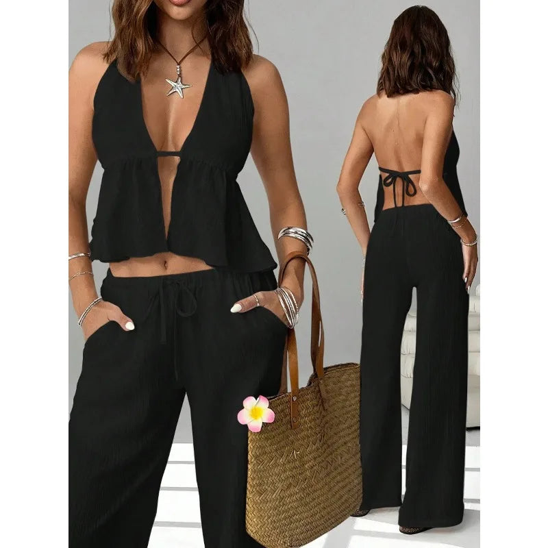 Chic Halter Backless Crop Top and Wide Leg Pants Set