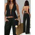 Chic Halter Backless Crop Top and Wide Leg Pants Set
