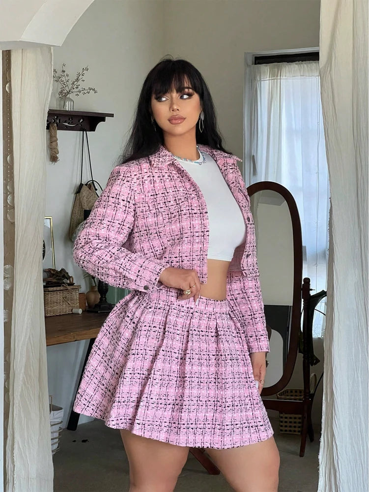 Plus-Size Women's Tweed Blazer and Mini Skirt Set
