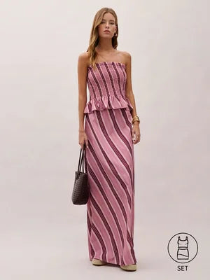 MALEY LifeStyle Women's Striped Midi Skirt and Strapless Top Set