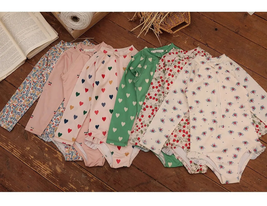 Cute Flower One-piece Long-sleeved Girls Swimsuit for Summer