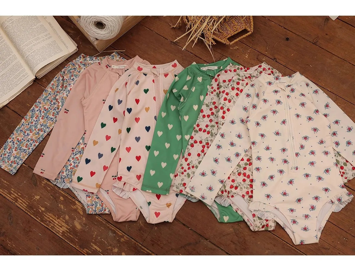 Cute Flower One-piece Long-sleeved Girls Swimsuit for Summer