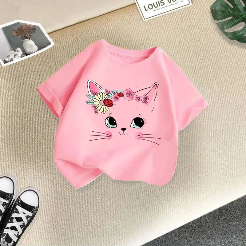 Girls Summer Short Sleeve T-shirt in Cartoon Style