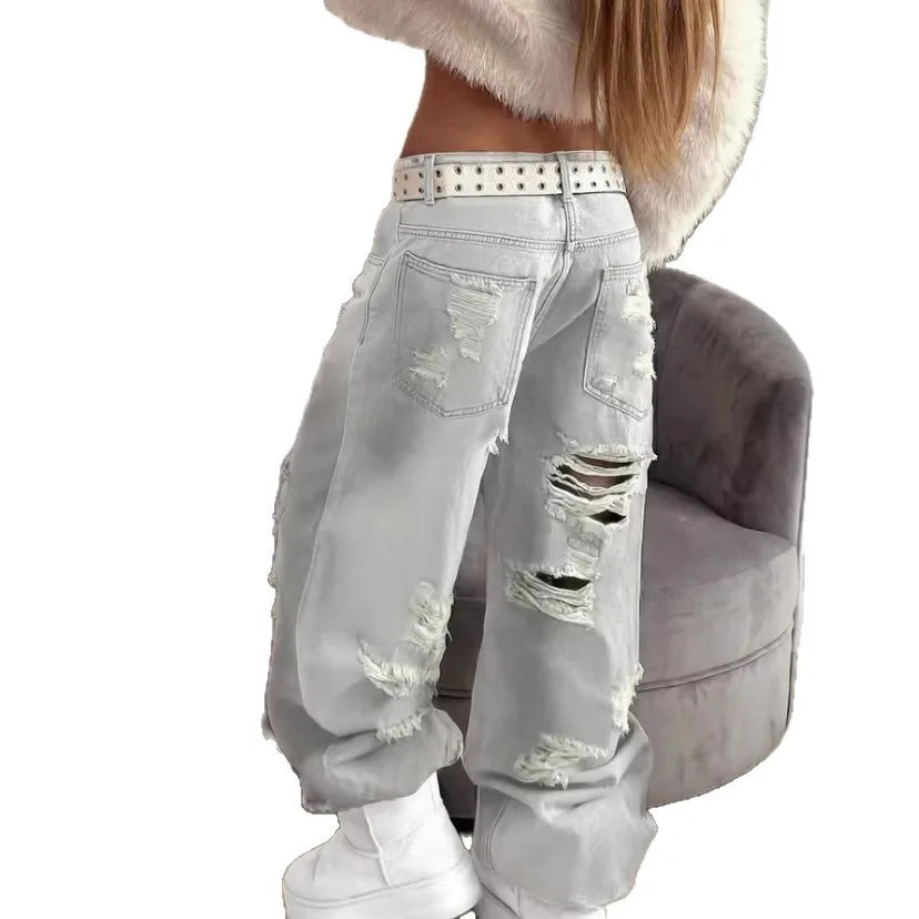 High Street Ripped Straight Wide-Leg Jeans for Women
