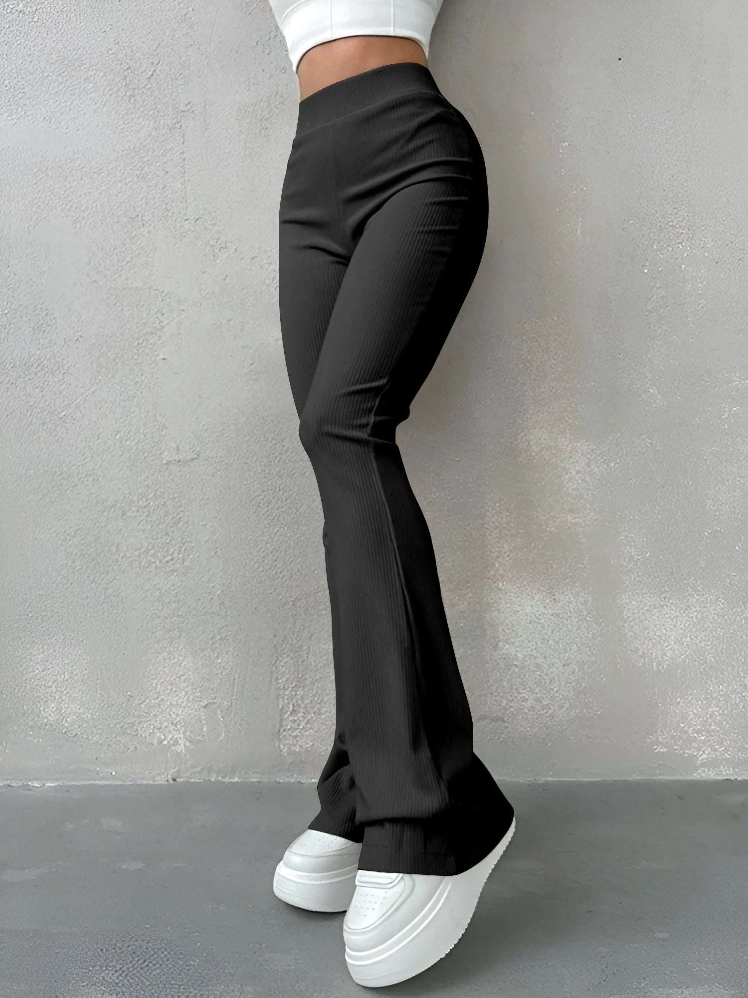 High Waisted Flared Pants for Women in Ribbed Solid Color