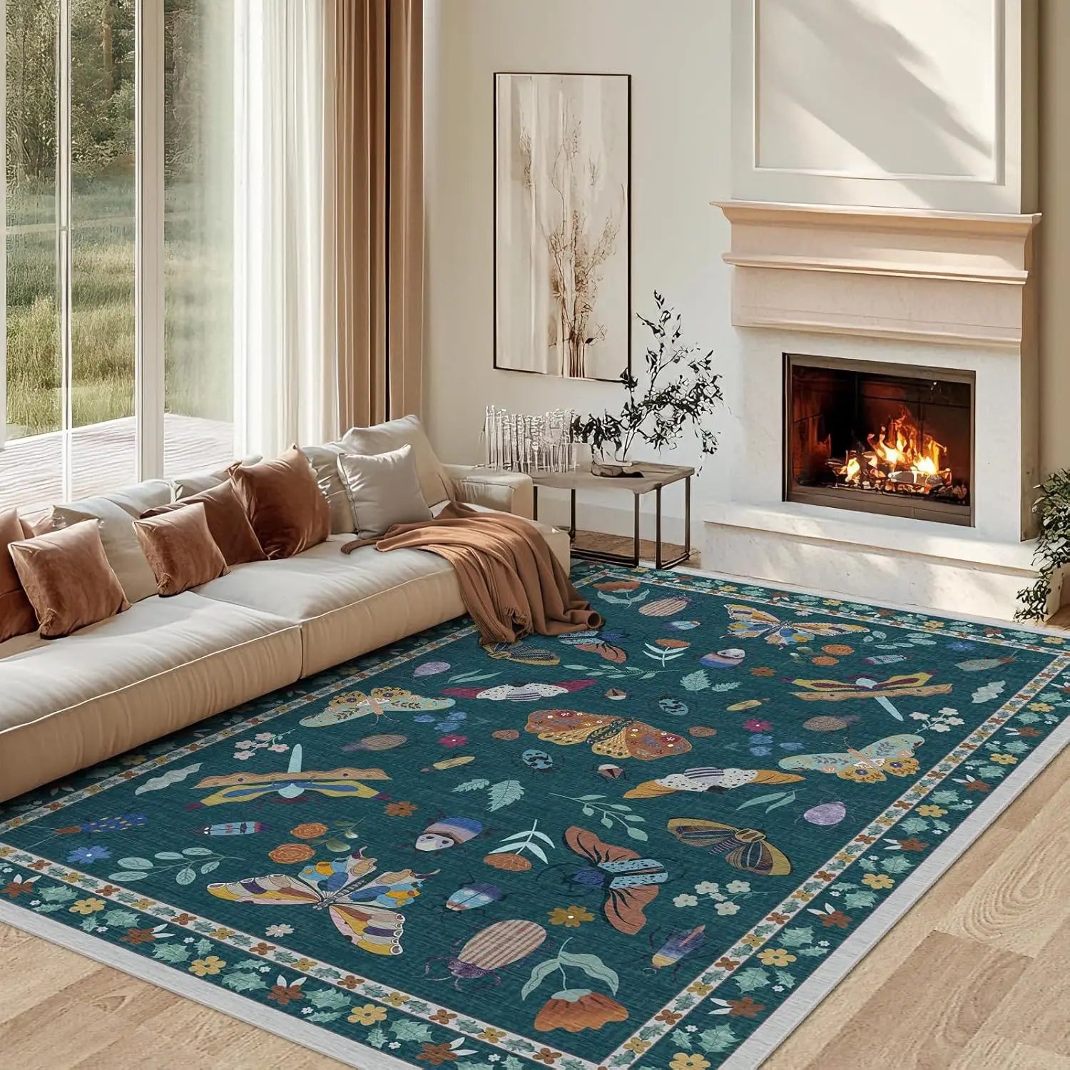 Washable Floral Pattern Living Room Rug Customizable Floor Mat
