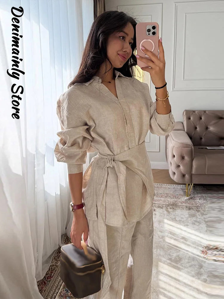 Chin.Sweety Women's Casual Linen Pants Set for Spring Summer