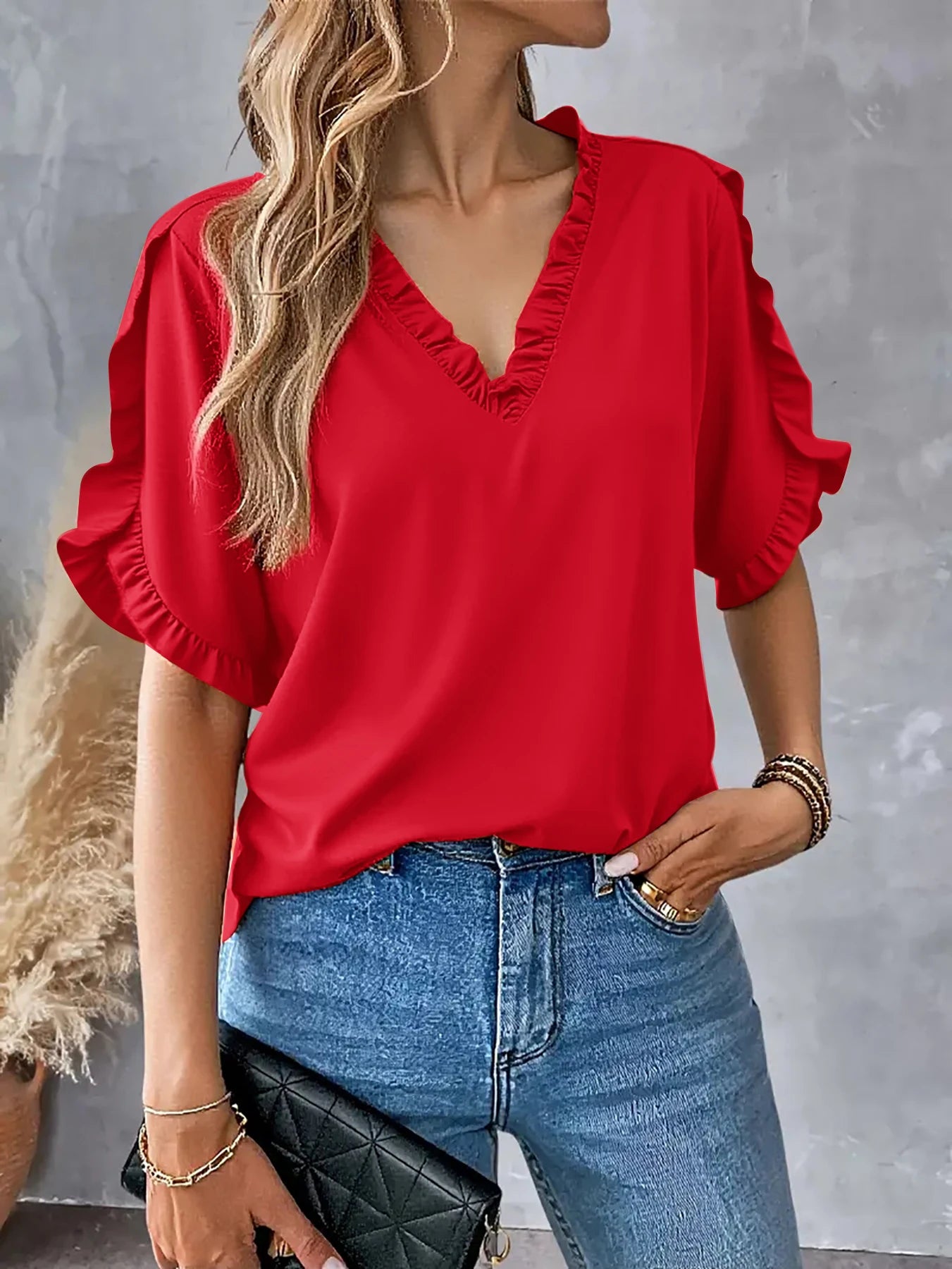 Trendy Women's Summer Petal Sleeve V Neck Tunic Tee