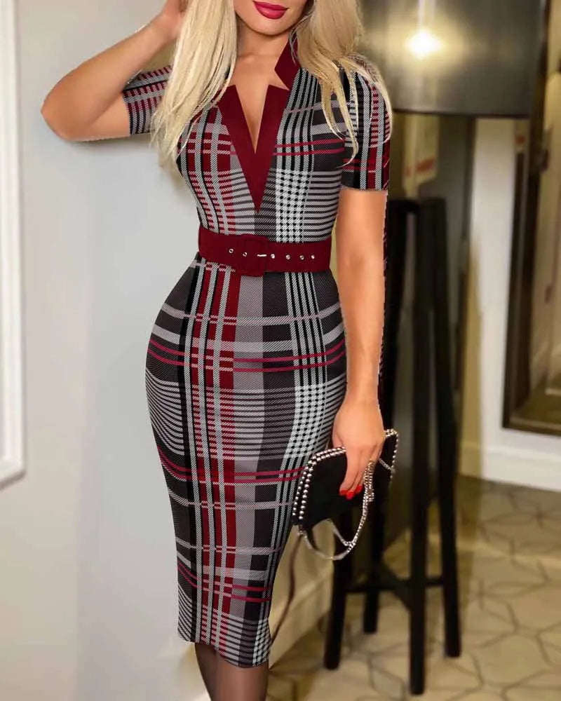 V-neck Geometric Print Slim-fit Dress for Women