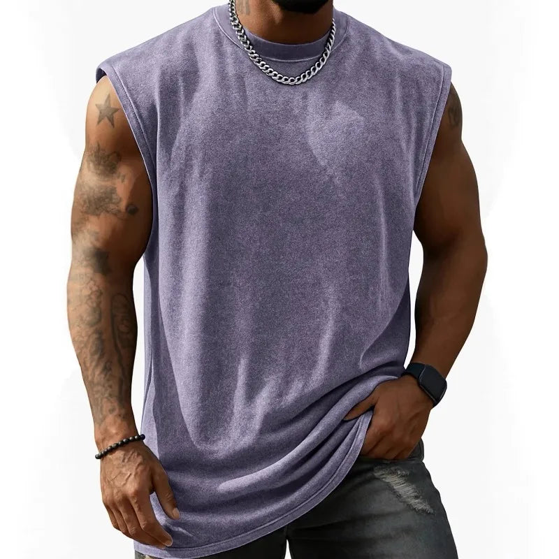 Men Vintage Washed Solid Crew Neck Sleeveless Tank Top Loose Fit Heavy Cotton Casual Fitness Summer Vest