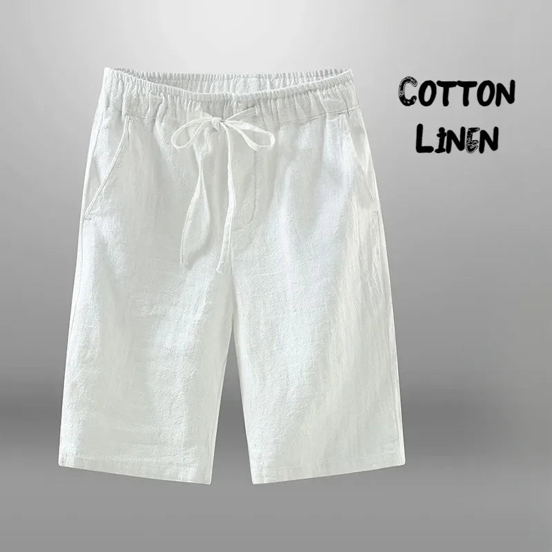 Men's Cotton Linen Casual Knee Length Beach Shorts