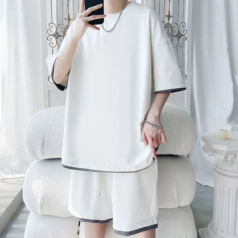 Men's Summer Solid Color 2-Piece T-Shirt and Shorts Set Casual Wear