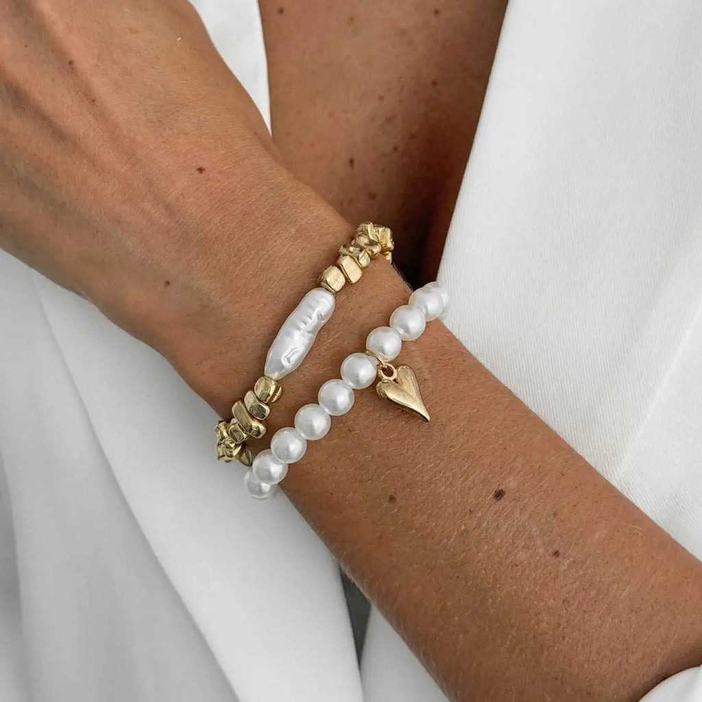 Elegant Imitation Pearl Bracelet Set for Women with Heart Pendant