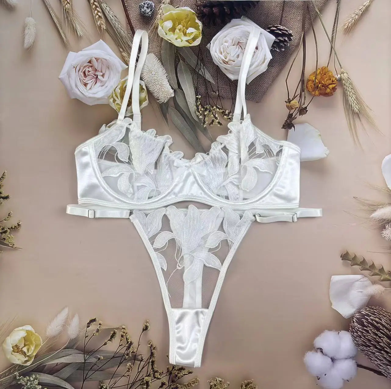 Floral Embroidery Push Up Bra and Panty Set for Women
