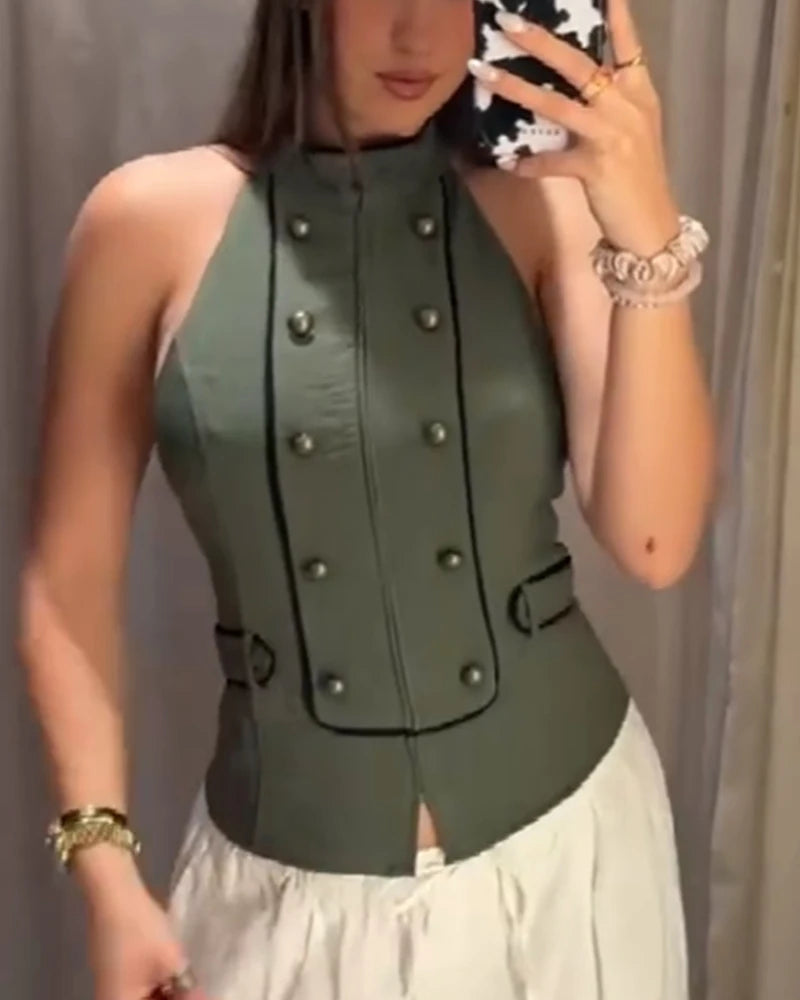 Women's Top 2026 New Summer Backless Halter Top with Button Details Elegant Chic Ladies TSlim Top