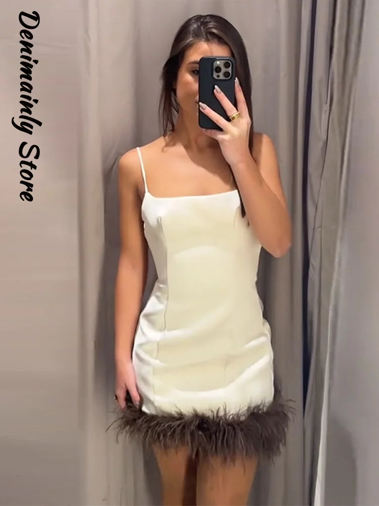 Chin.Sweety Sexy Feather Patchork Sling Dress for Women