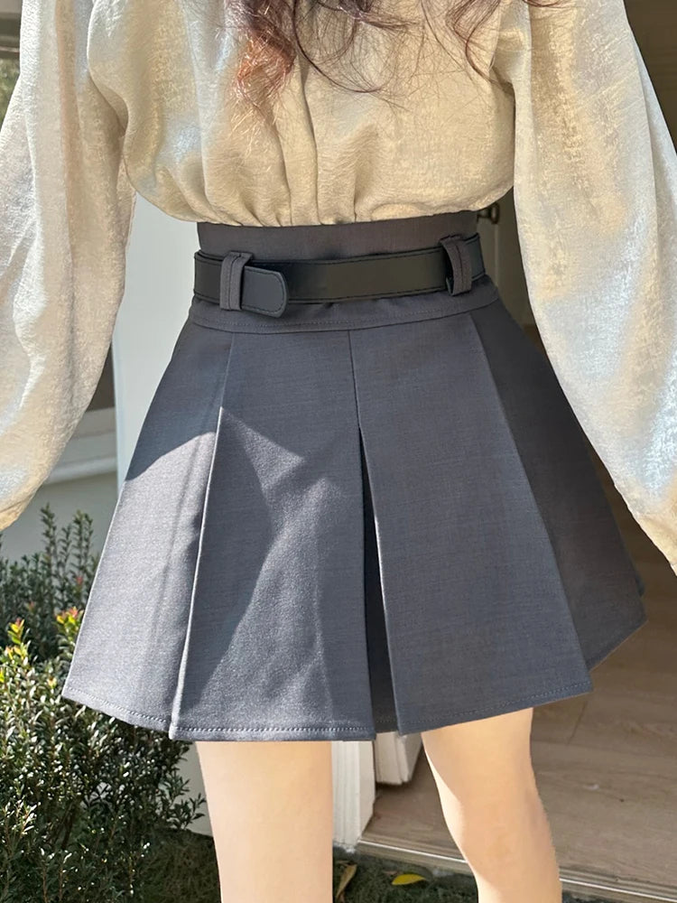 Gray High-waisted Pleated Skirt for Women with Belt