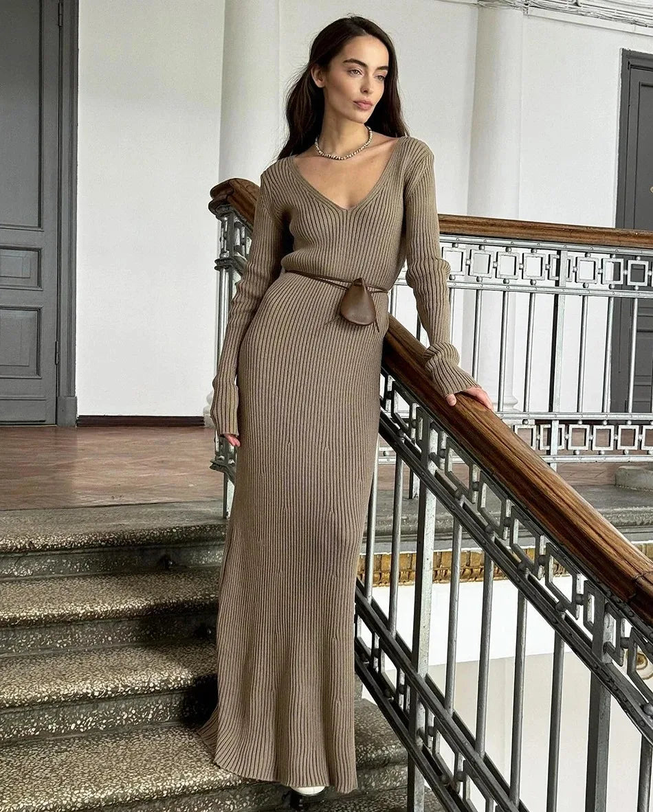 Elegant Brown Knitted Dress for Women with V Neck