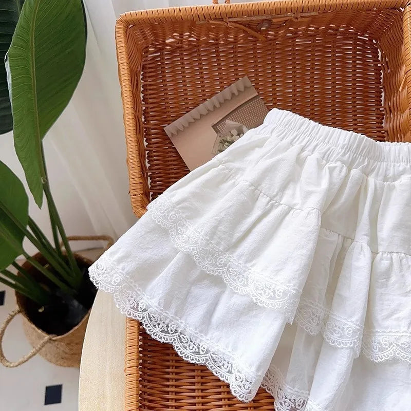 SUMWADI Girls' White Lace Pleated Skirt for Summer 4-6Y