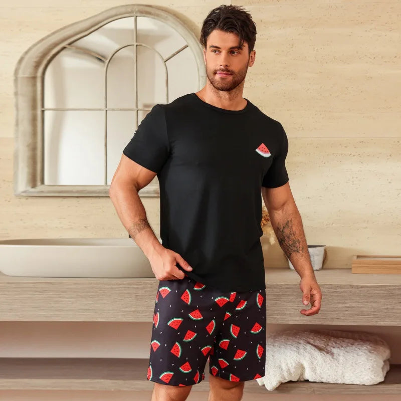 Men's Pajamas Loungewear Set New Loose Two-Piece Set Boys Fashion Solid Color Short Sleeve Shorts Pajama Pants Pijama Hombre