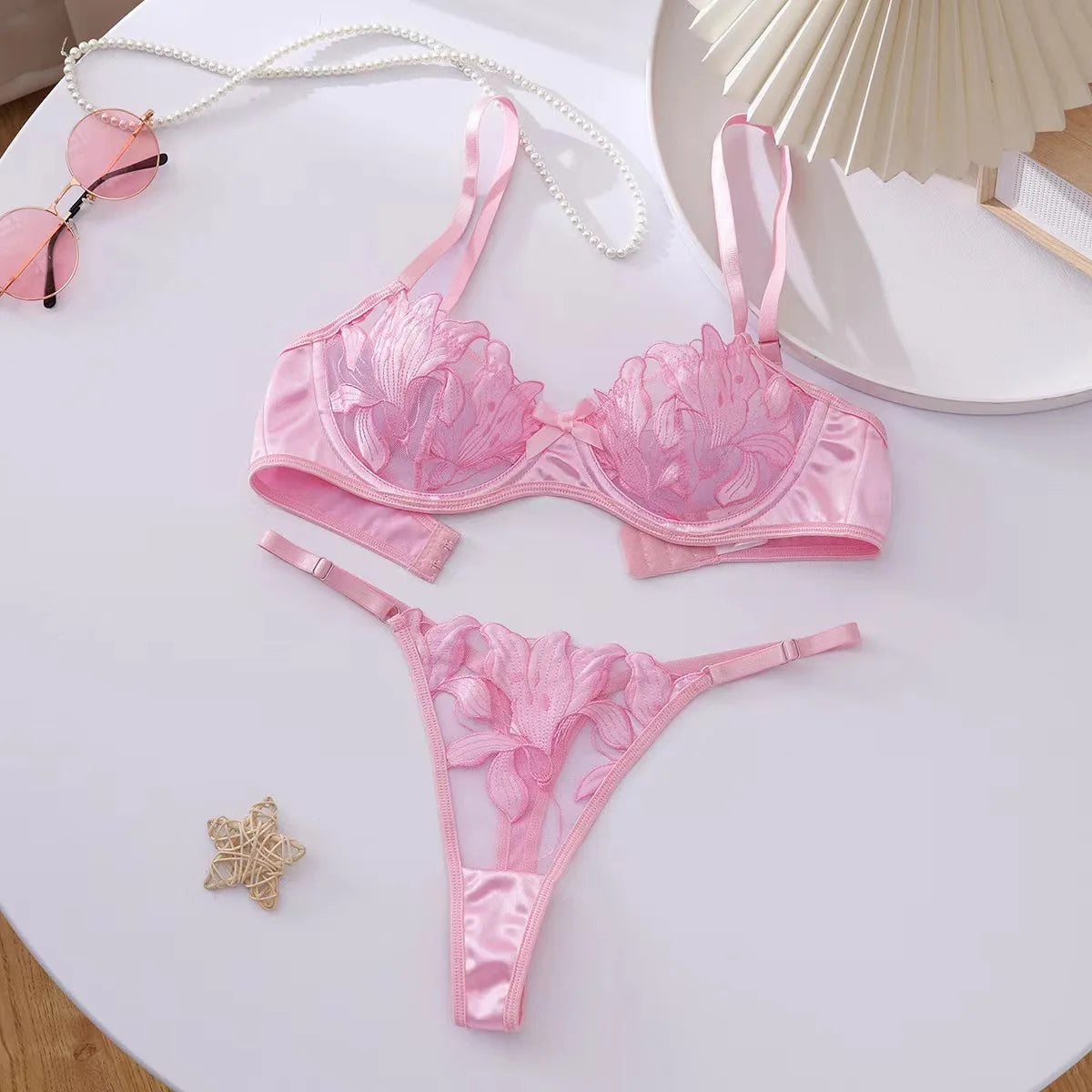 Floral Embroidery Push Up Bra and Panty Set for Women