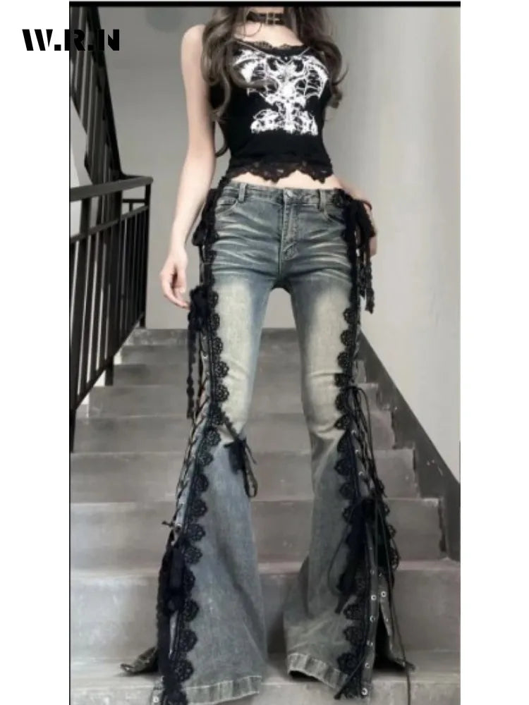 Slim High Rise Flare Jeans for Women with Lace Detail