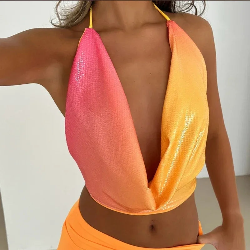Chic Sequined Halter Skirt Set for Women Party Outfits