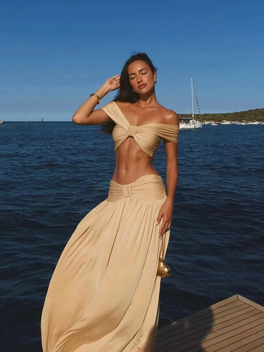 Stylish Women's Two Piece Outfit with High Waist Draped Skirt