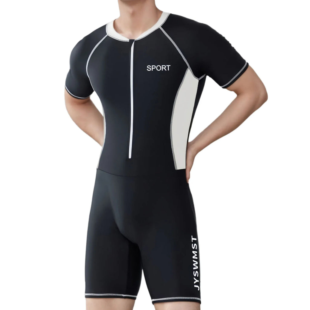 Mens One-Piece Swim Leotard with Front Zipper for Beachwear