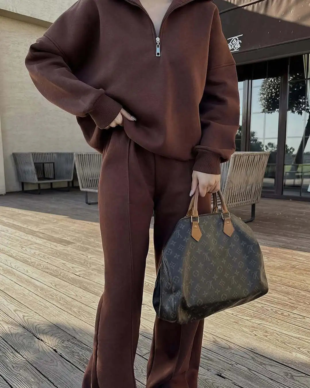Solid Color Pullover Sweatshirt and Trousers Set for Women