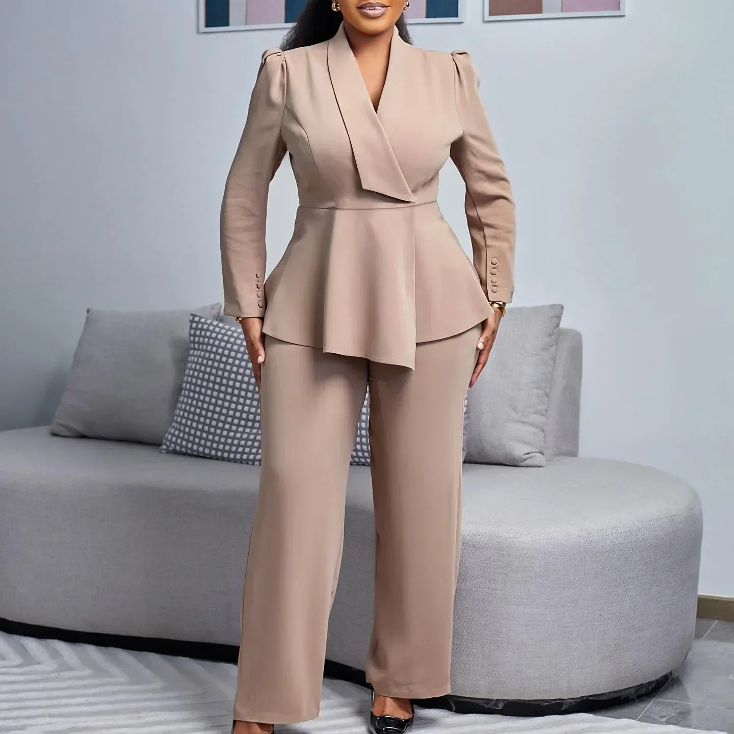 Chic Plus Size Women Blazer Coat and Tailored Pants Set