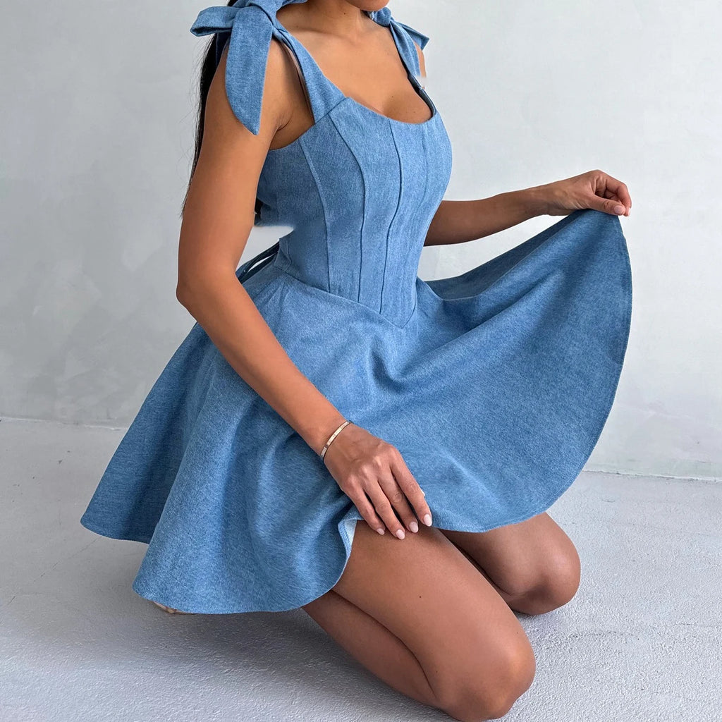 Stylish Denim Dress for Women with Bow and Spaghetti Straps