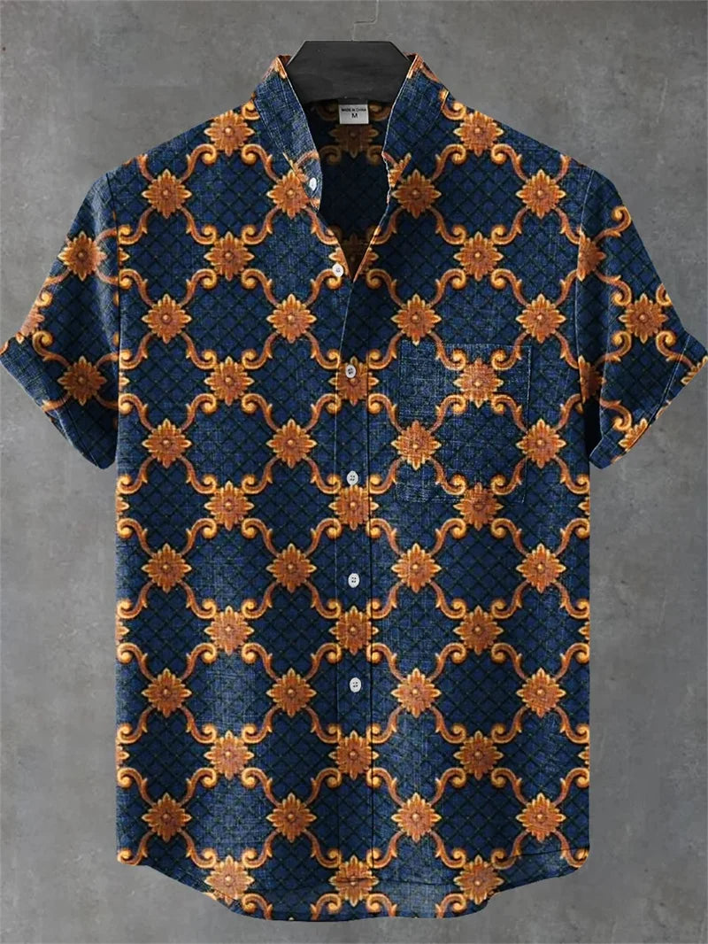 New Vintage Style Men's Linen Short Sleeve Shirt Flower Top Fashion Casual Holiday Fashion Men's Printed Shirt