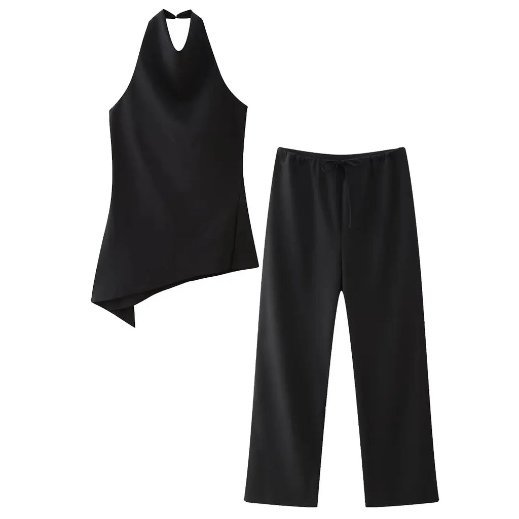 HH Women Vintage Solid Pant Set Backless Halter Top and Drawstring Trousers