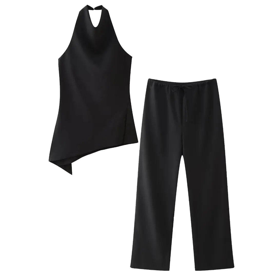 HH Women Vintage Solid Pant Set Backless Halter Top and Drawstring Trousers