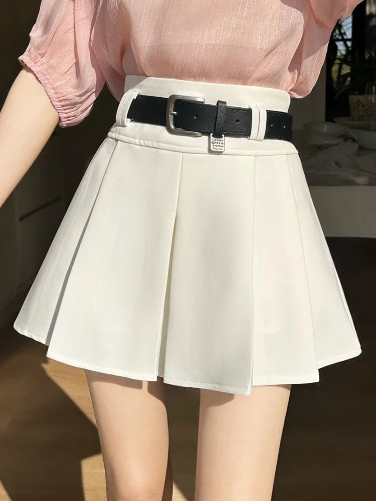 Gray High-waisted Pleated Skirt for Women with Belt