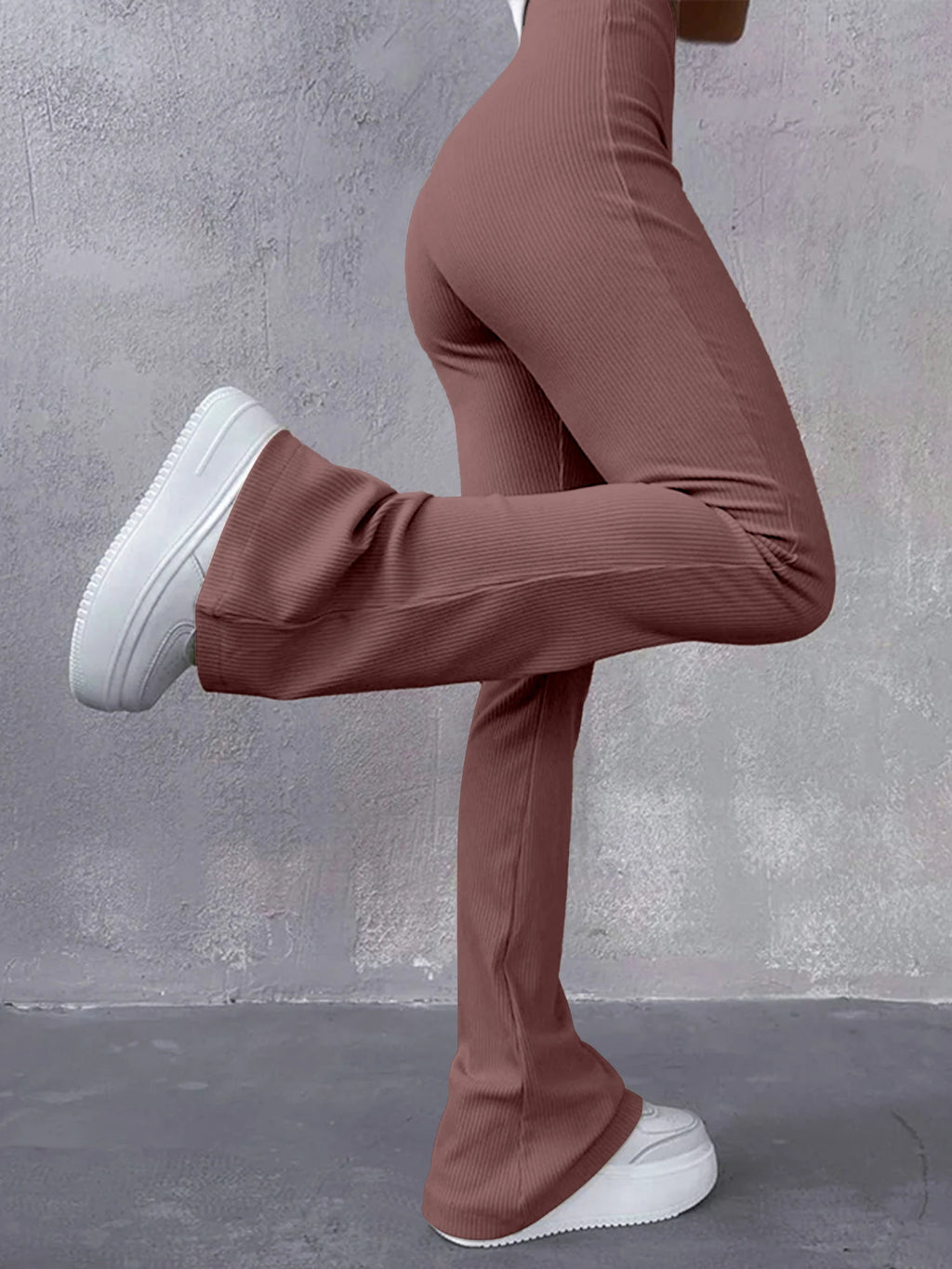 High Waisted Flared Pants for Women in Ribbed Solid Color