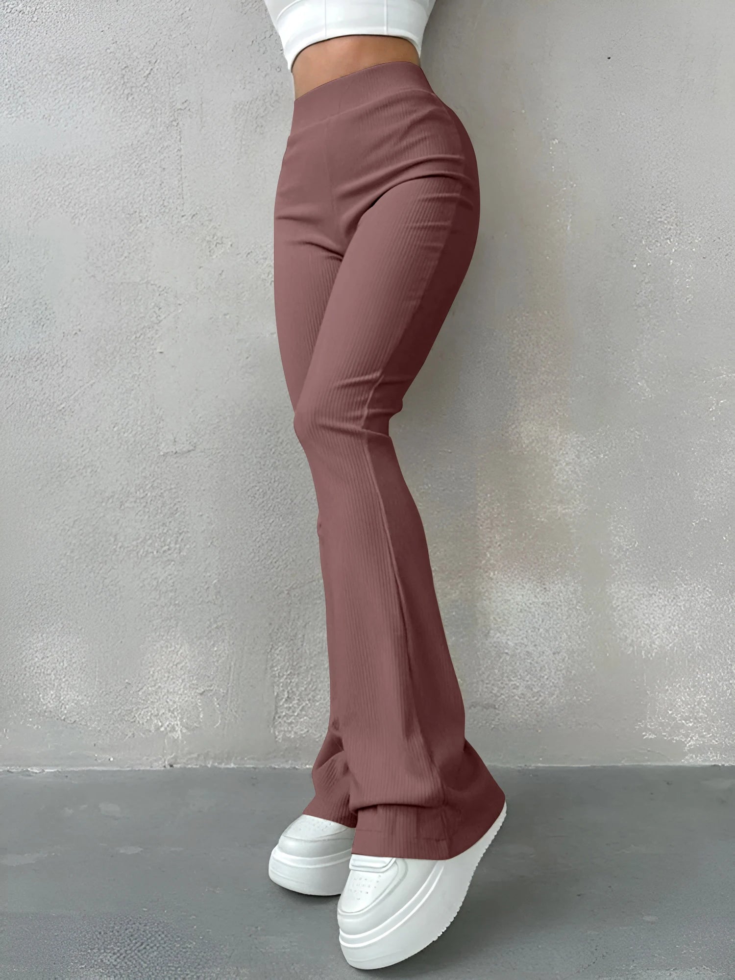 High Waisted Flared Pants for Women in Ribbed Solid Color
