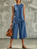 MALEY LifeStyle Women Cotton Linen Vest and Capri Pants Set