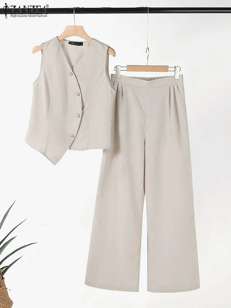 ZANZEA Summer Sleeveless Tops and Wide Leg Trousers Set