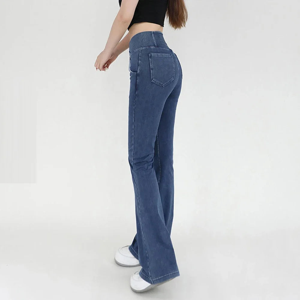 Flared Yoga Jeans for Women with Elastic Waist Design