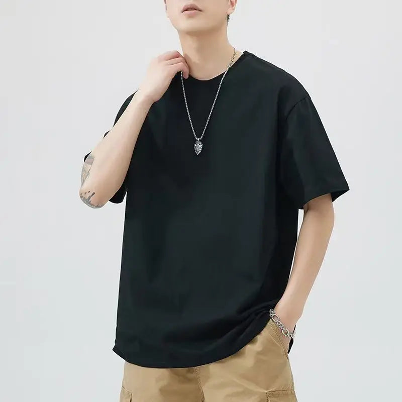 Men T Shirt New Summer Tops Solid Color Commute Classics Blank Tshirts Foundation  Round Collar Short-Sleeve  White Top Tees