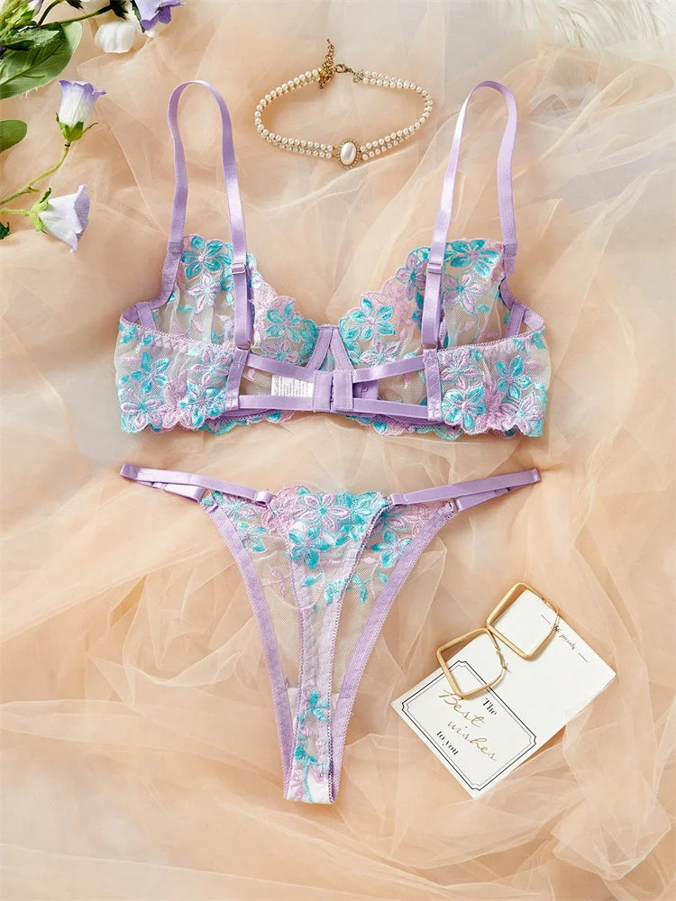 Purple Blue Floral Embroidery Mesh Bra and Panty Set