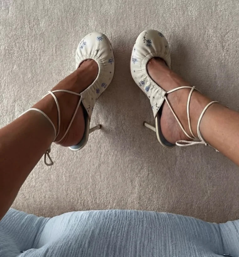 Women's 2026 new in blue flower round toe sandals leather lace up white sexy high heels luxury designer party shoes on offer