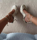Women's 2026 new in blue flower round toe sandals leather lace up white sexy high heels luxury designer party shoes on offer
