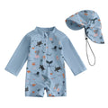 Boys Long Sleeve Marine Animal Print Swimwear with Hat