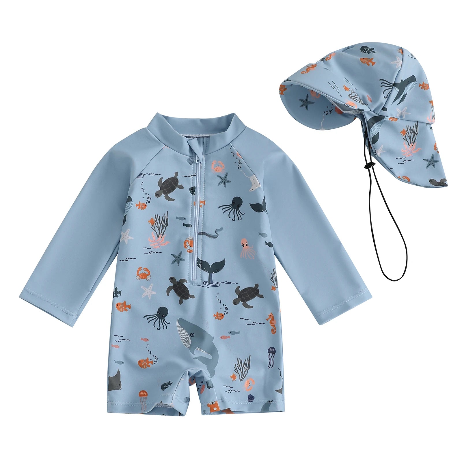 Boys Long Sleeve Marine Animal Print Swimwear with Hat