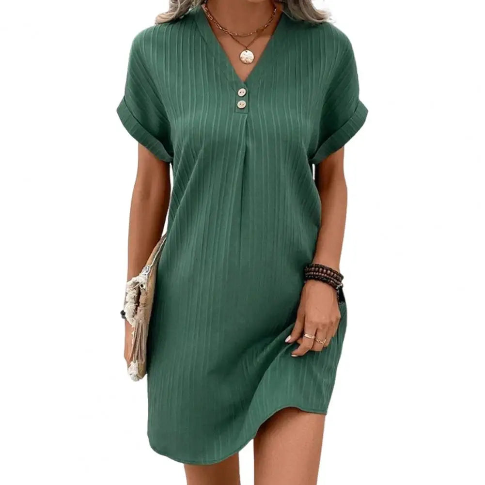 Summer Women V Neck Button Dress in Soft Polyester