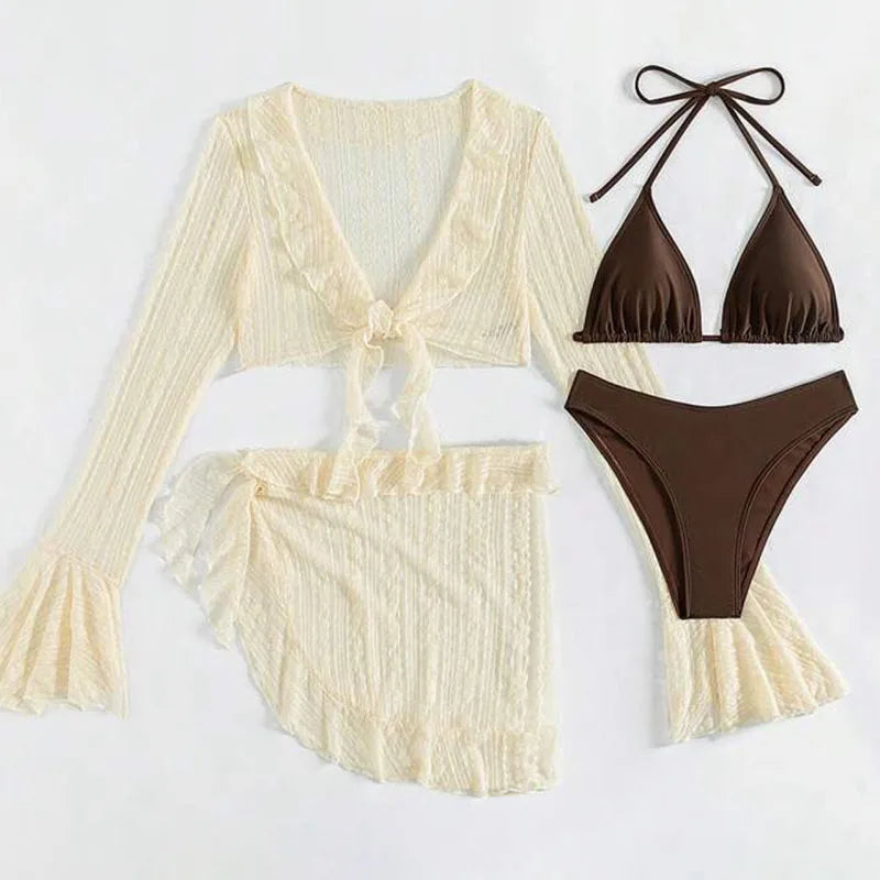 Chisalis Solid Bikini Set with Long Sleeve Cover-up