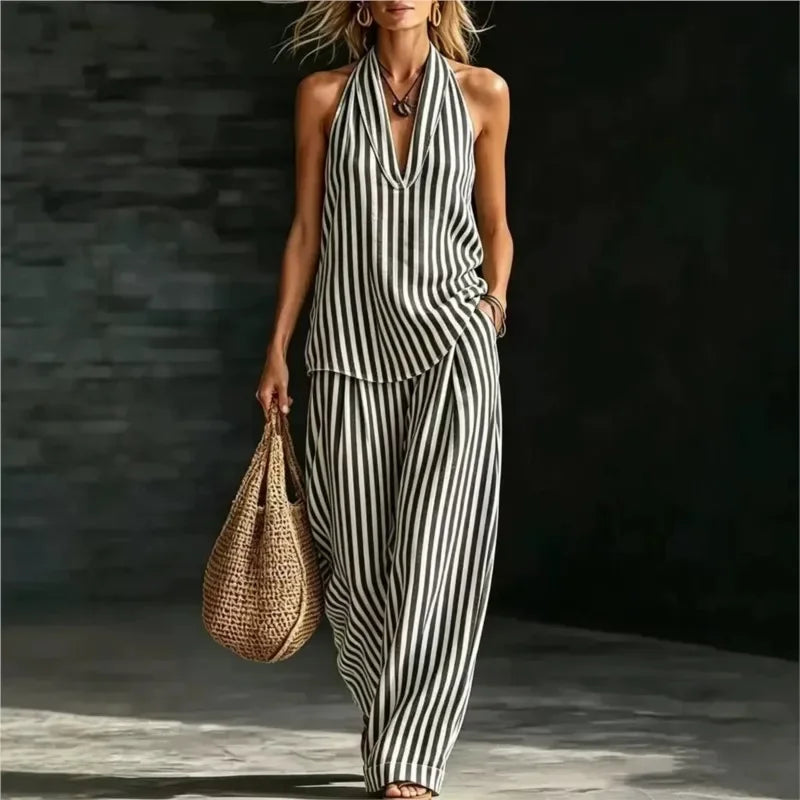 Chic Striped Wide-Leg Pants and Halter Top Set for Women